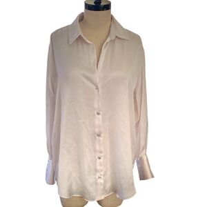 Zara Silky Long Sleeve Cream Colored Button Down Dress Shirt Size L